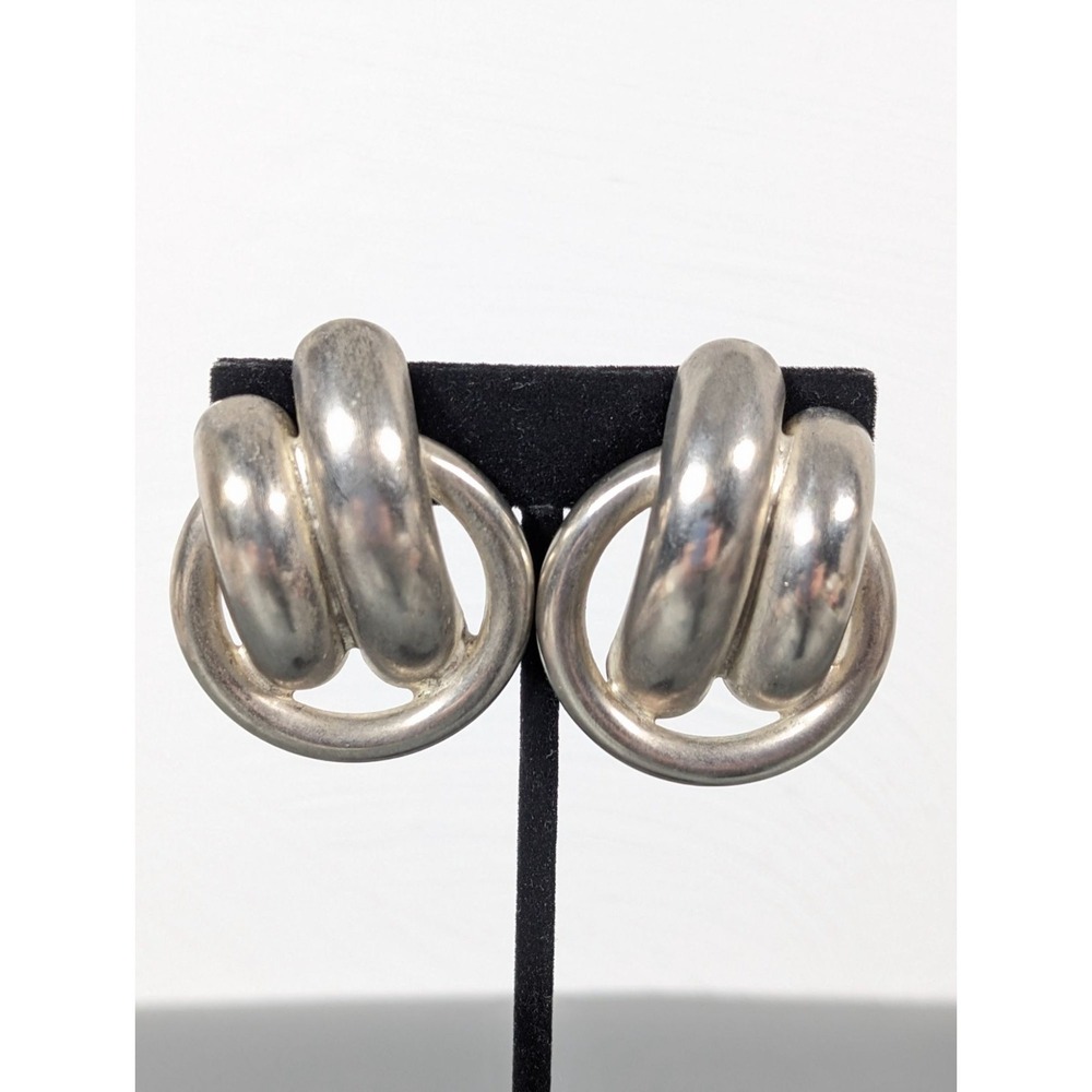 VTG Carol Dauplaise‎ Silver Tone Double Hoop Earrings Bold 80s Door Knocker